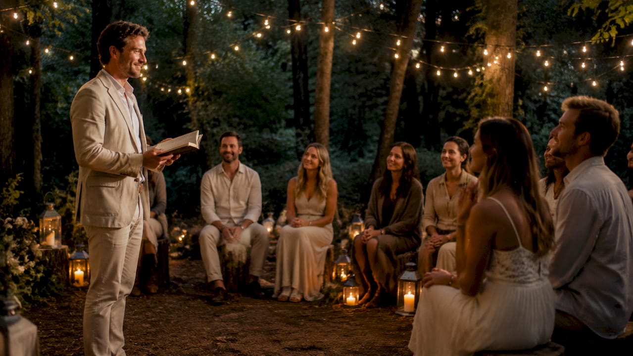 Officiant leading creative wedding ritual outdoors
