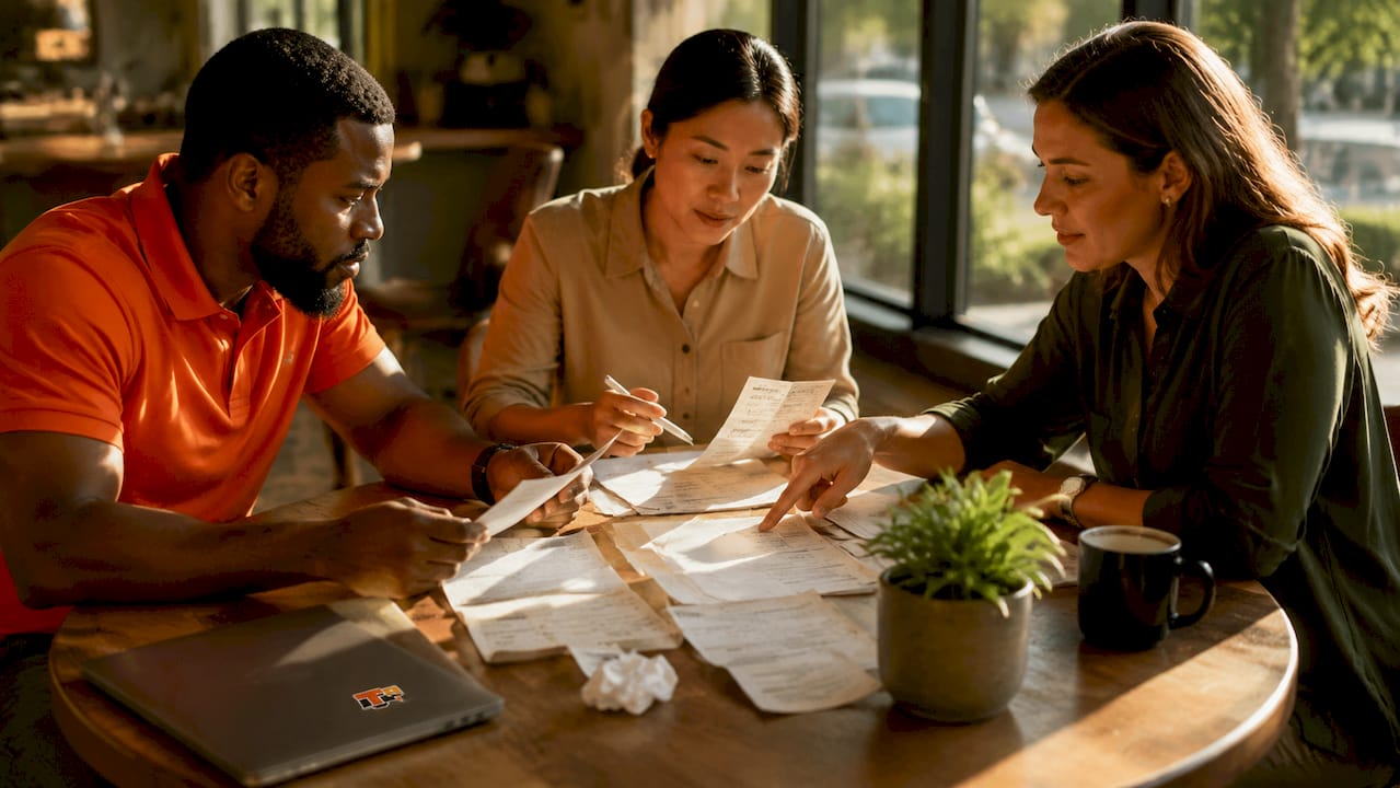Overhead view of hands managing insurance claim documents