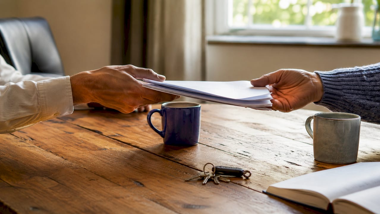 Hands exchanging insurance documents on table