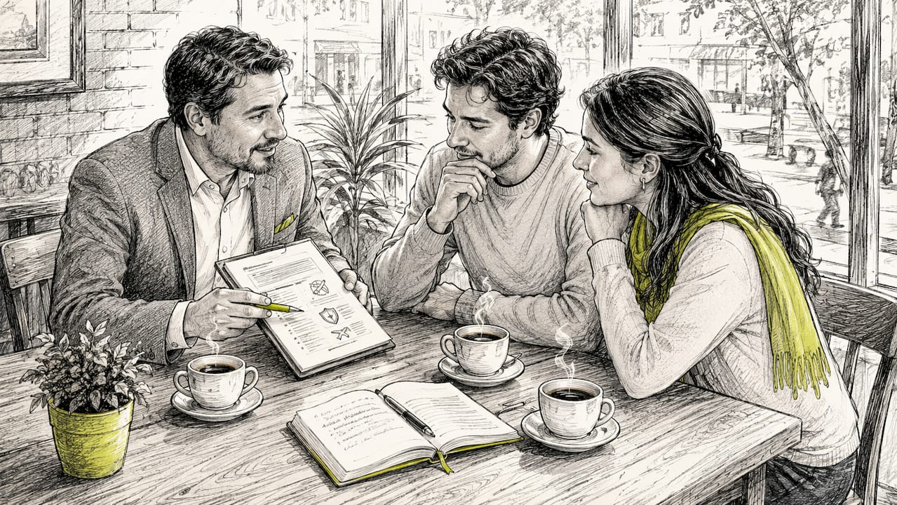 Un asesor conversa con una pareja joven para aclararles todas sus dudas sobre seguros.