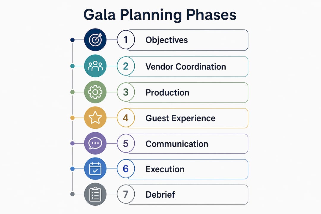 Infographic showing main phases of corporate gala planning workflow