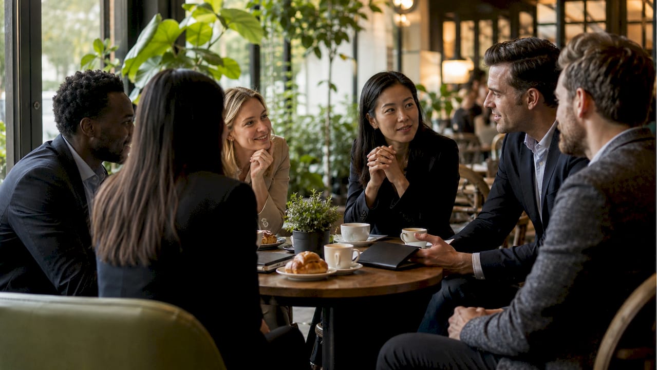 Business professionals networking before event
