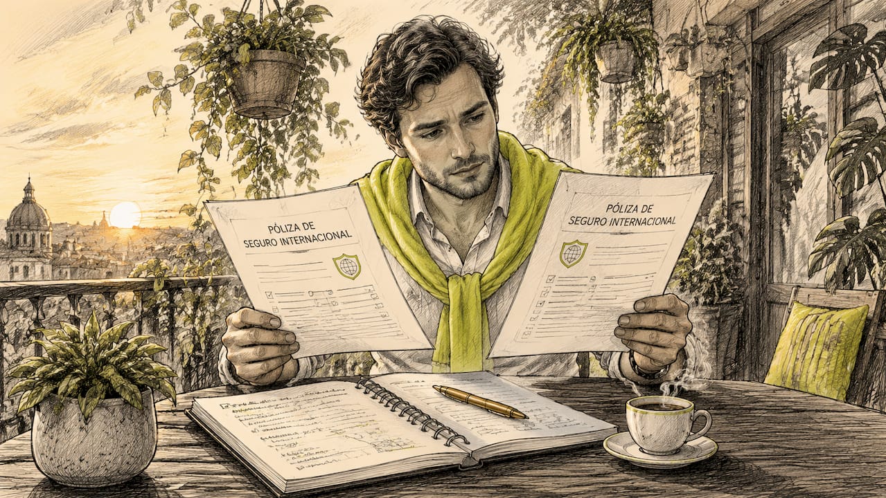 Manos revisando y comparando papeles de seguros internacionales