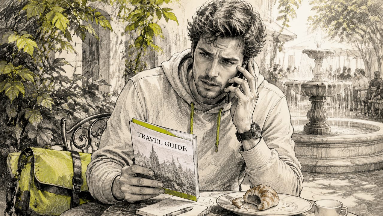 Traveler making emergency call at airport bench
