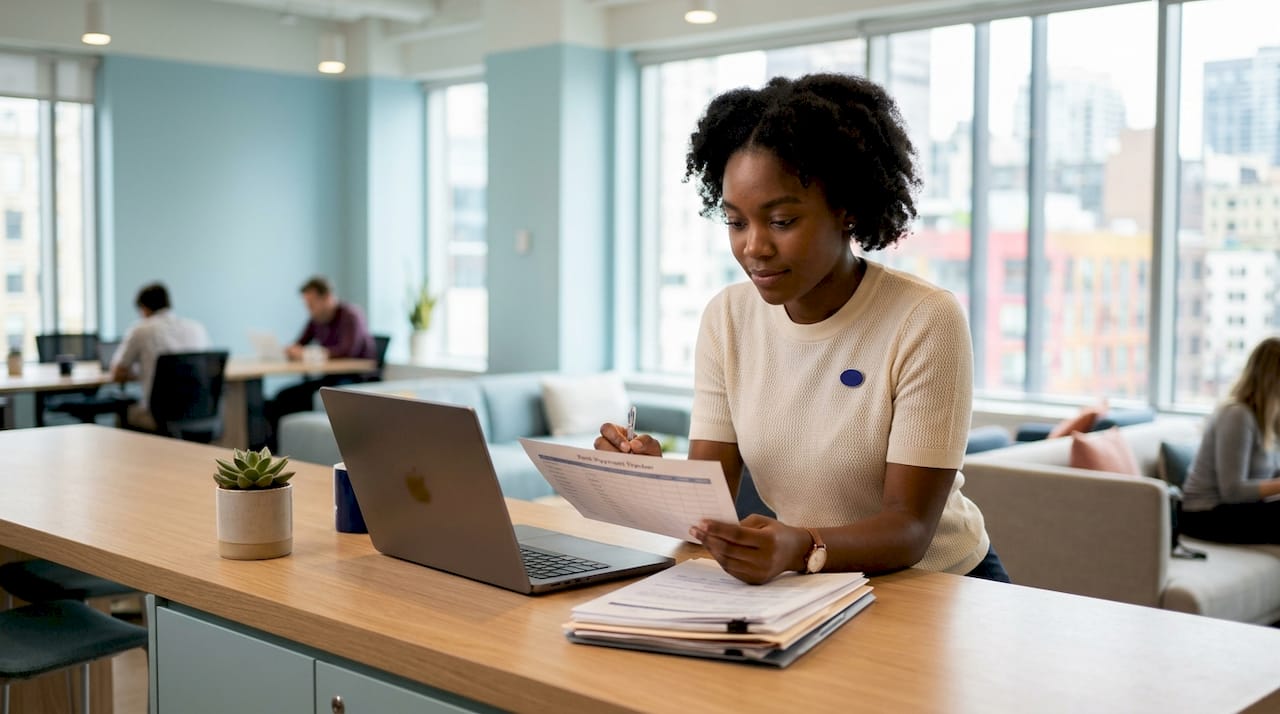Property manager entering rent receivable data on laptop
