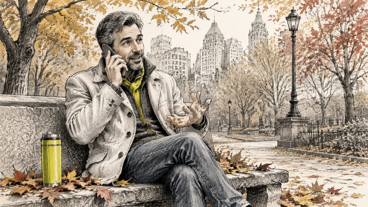 Man talking on phone in park about insurance