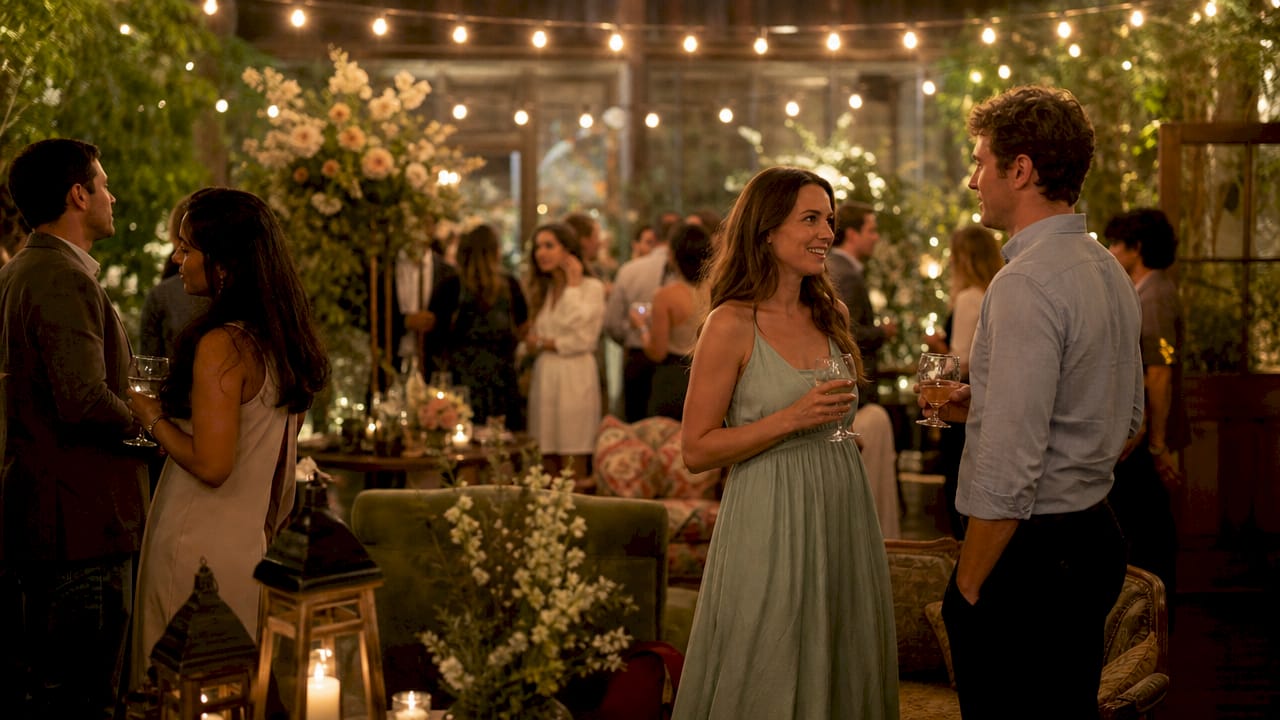 Guests moving through decorated event hall with zones