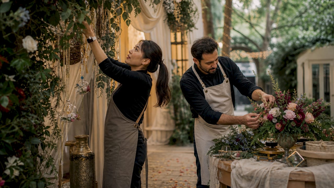 Team decorating event entryway