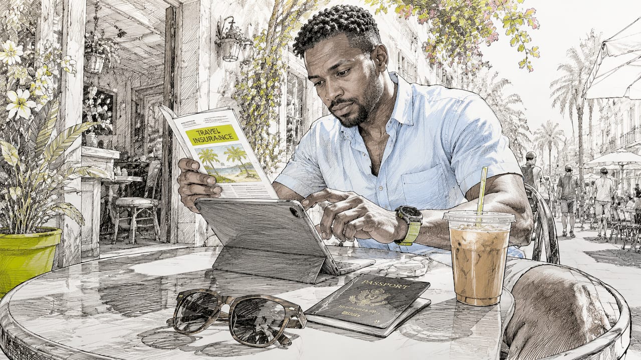 Traveler planning trip with insurance brochure and tablet