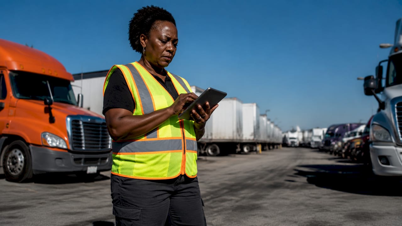Woman using tablet in fleet warehouse