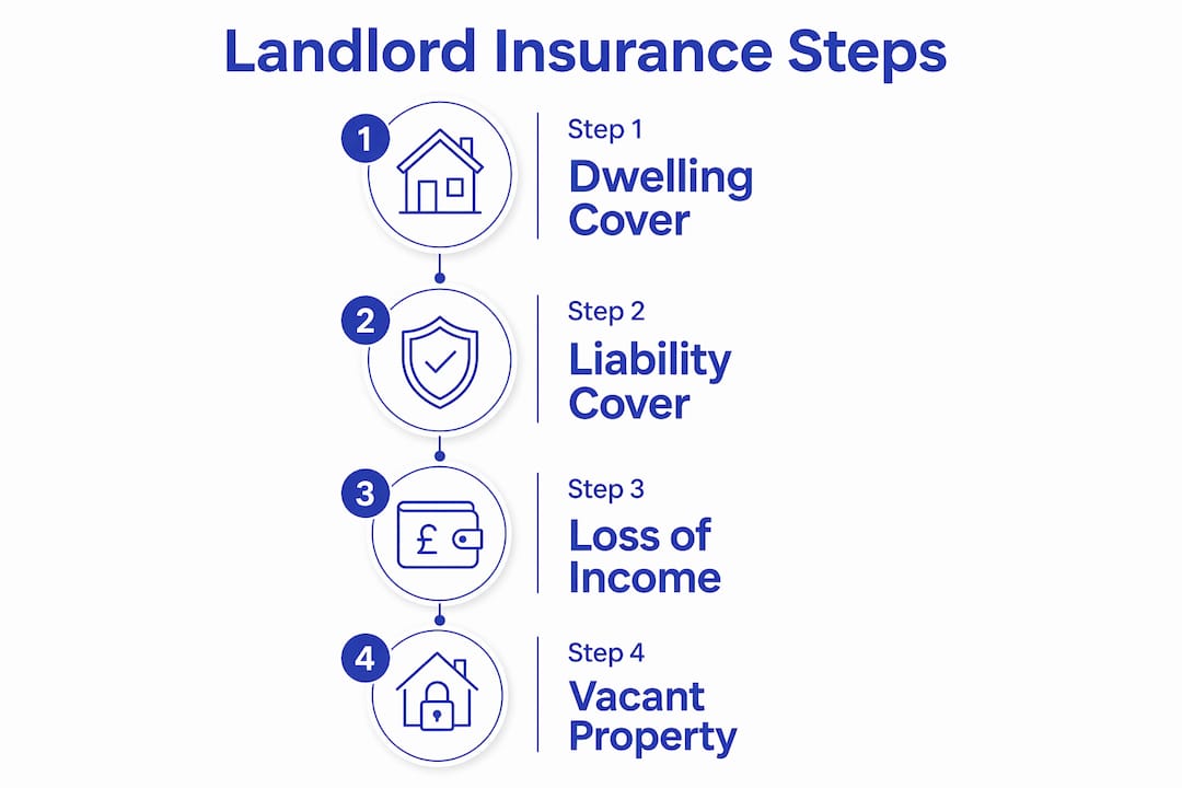 Infographic illustrating key landlord insurance coverage steps