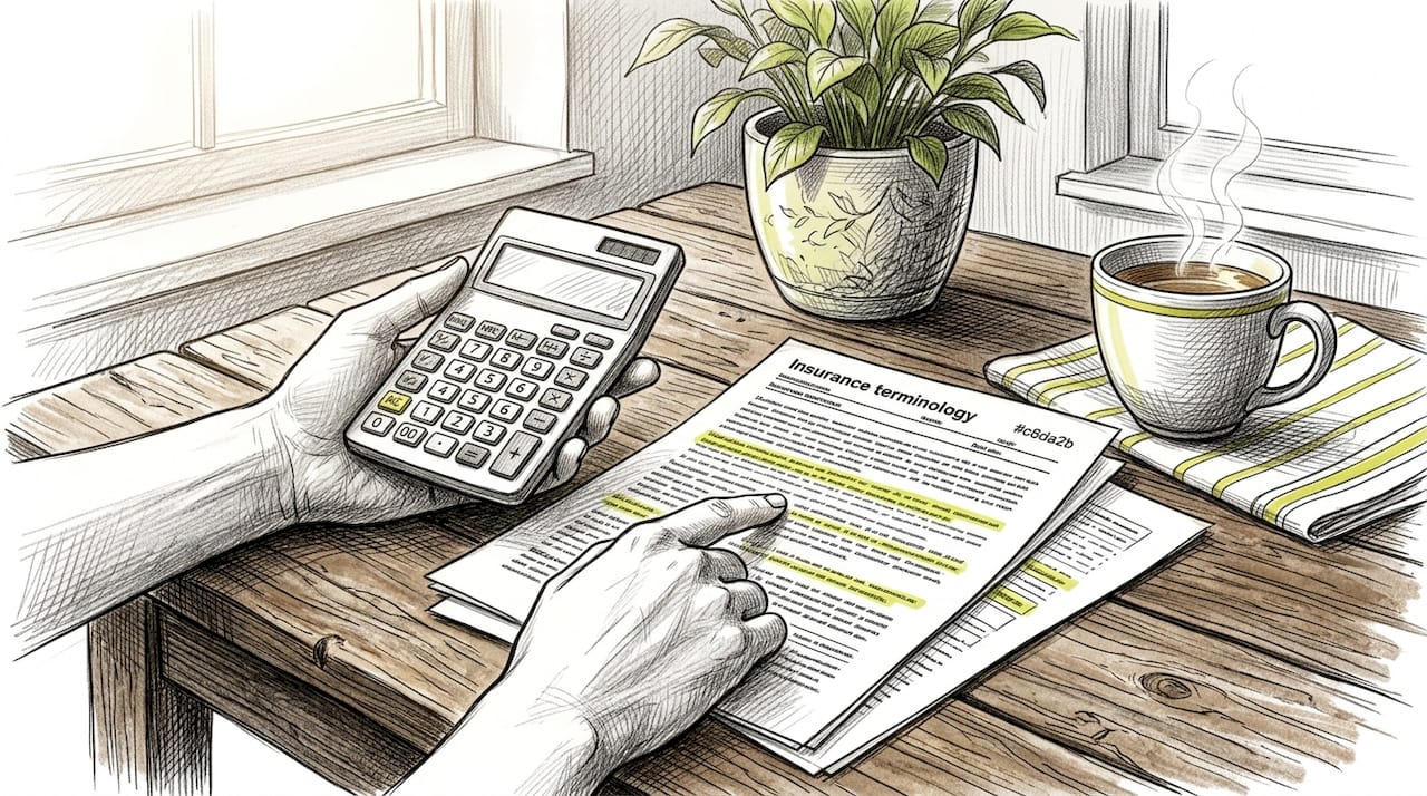 Hands with calculator and insurance term sheets