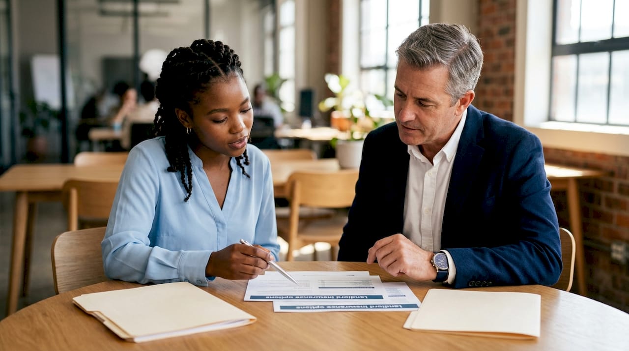 Two people discussing landlord insurance options