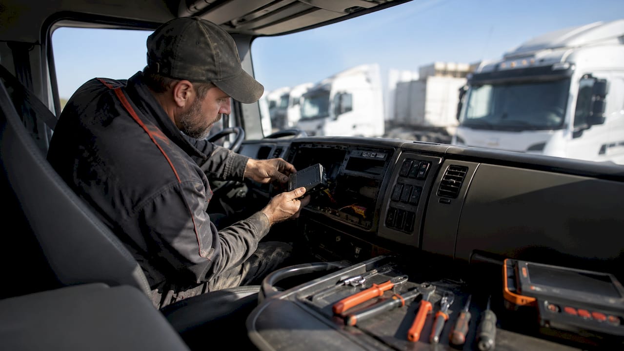 Hands installing telematics device in truck
