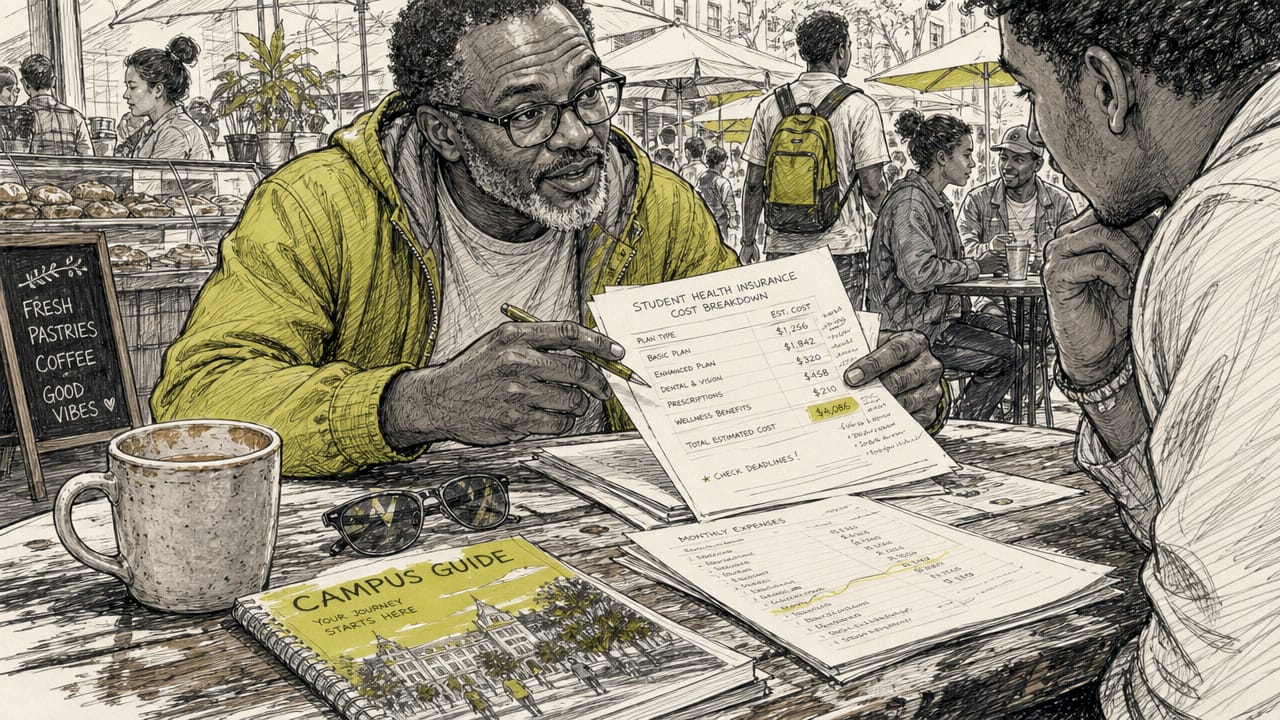 Hands reviewing insurance costs brochure on table
