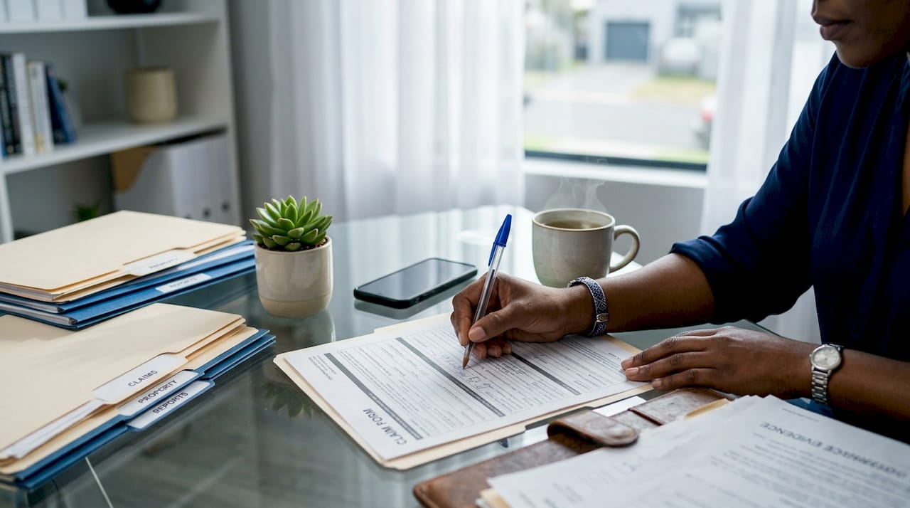 Close-up of hand writing notes on insurance evidence