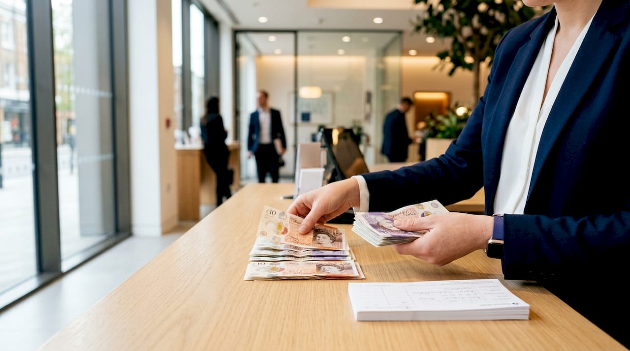 Bank employee handling tenant deposit cash