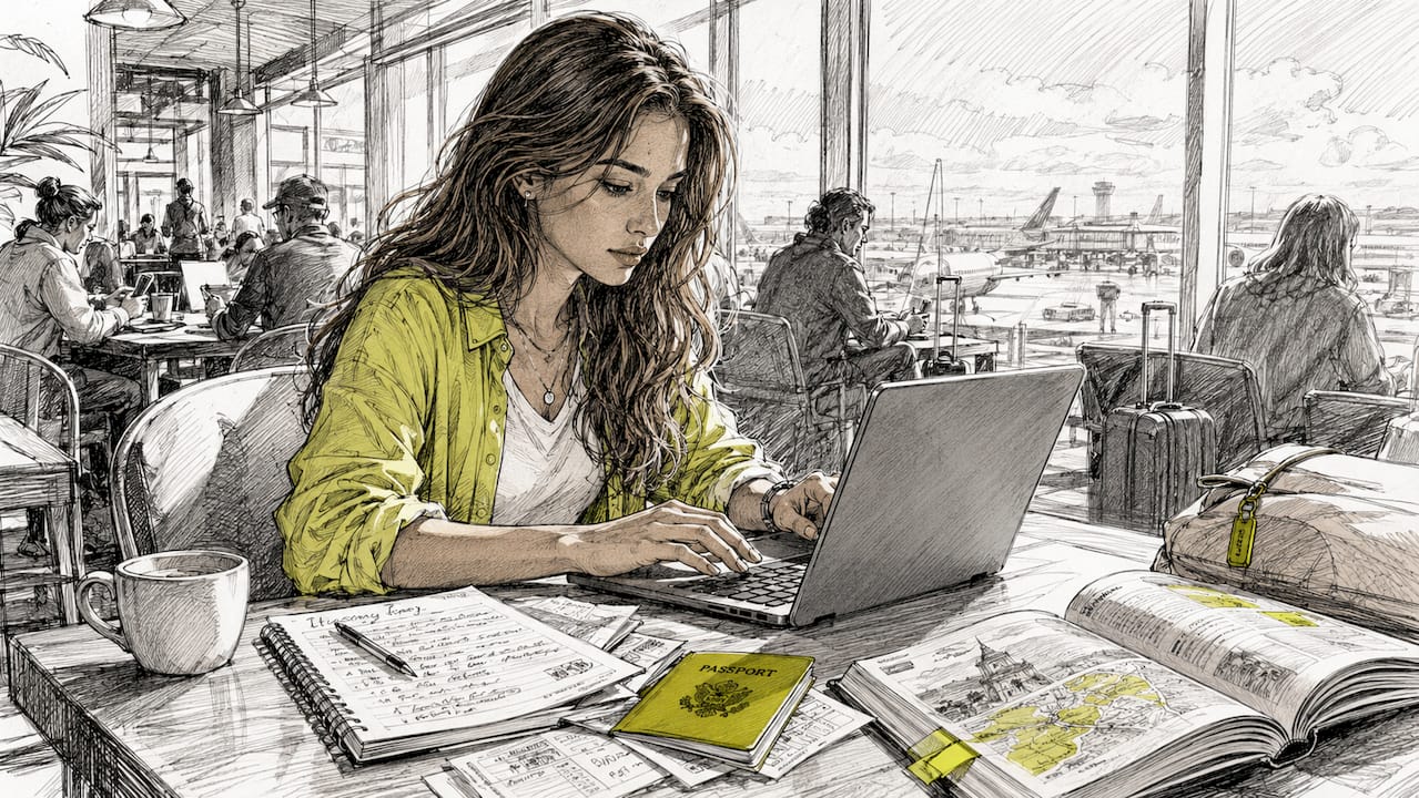 Hands typing flight delay claim notes