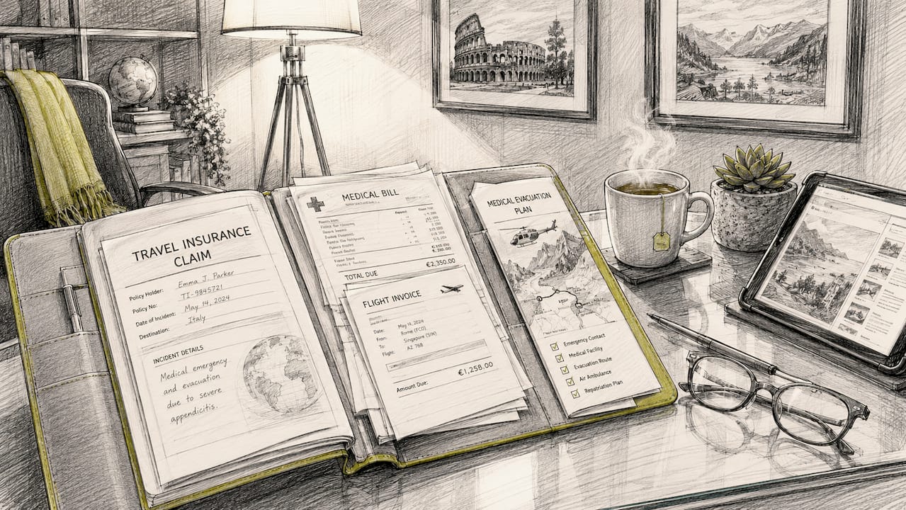 Travel insurance documents with medical evacuation details