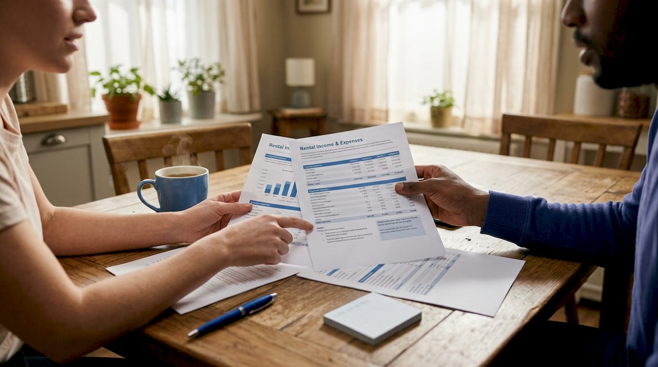 Hands reviewing rental income financial papers