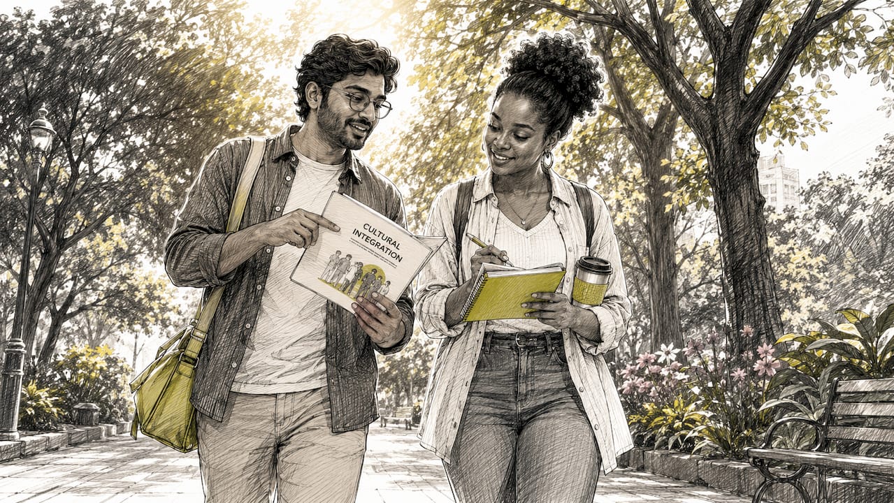 Dos personas conversan sobre cómo integrar dos culturas en su vida diaria.