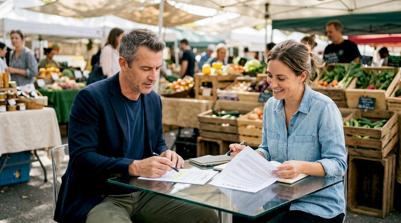 Event planner and vendor reviewing contracts