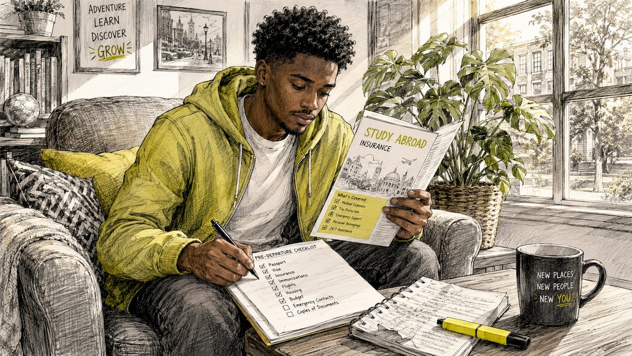 Hands marking checklist on study abroad insurance brochure