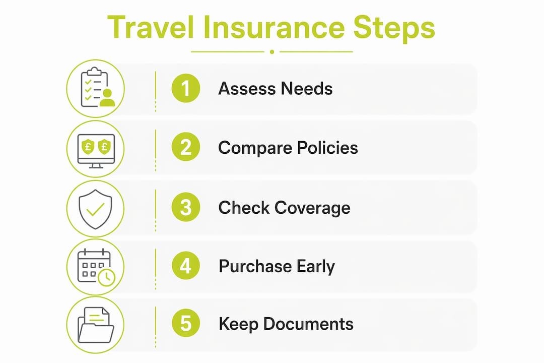 Infographic showing five steps to study abroad travel insurance