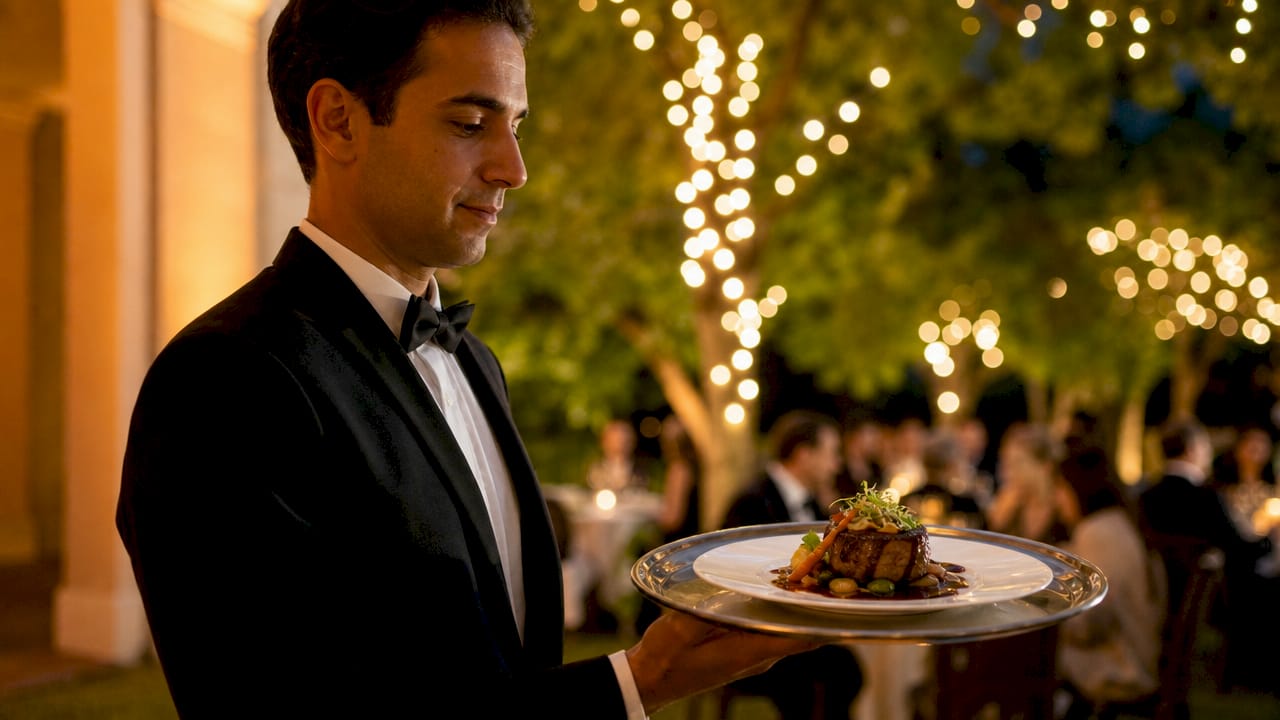 Waiter serving gourmet meal at gala dinner