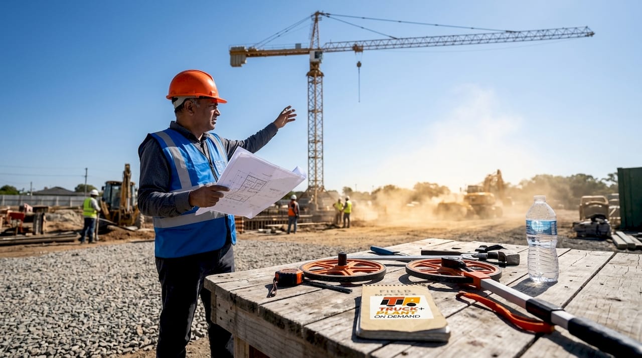Construction manager reviewing plans at job site