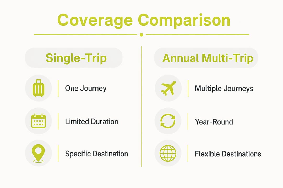 Infographic comparing single-trip and annual multi-trip travel insurance coverage