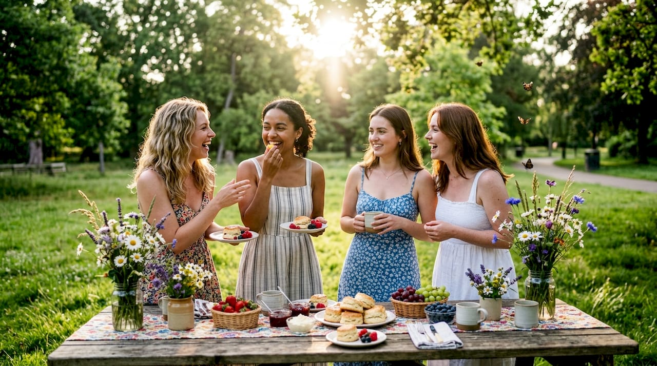 Outdoor garden party bridal shower scene