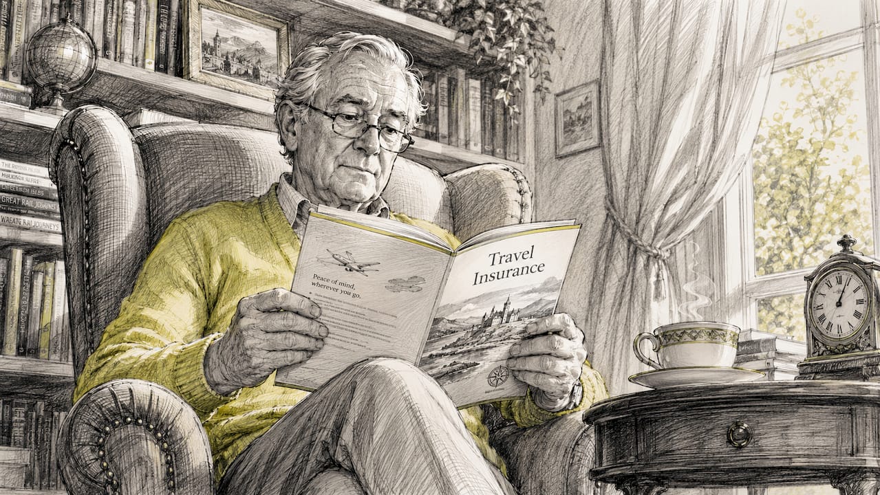 Senior man reading travel insurance brochure