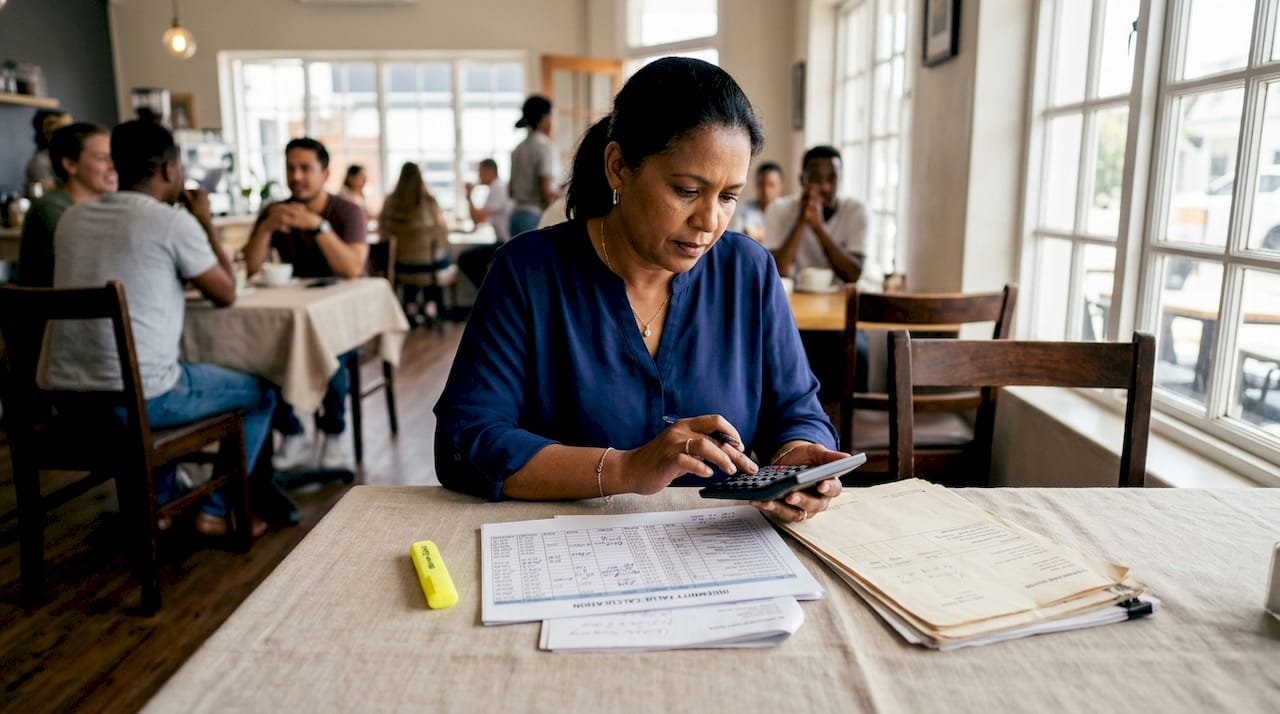 Hands calculating indemnity value with documents