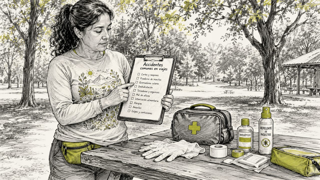 Manos de una profesora organizando una lista de control médica y materiales de primeros auxilios