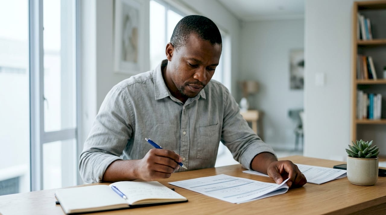 Hands holding insurance claim form on desk