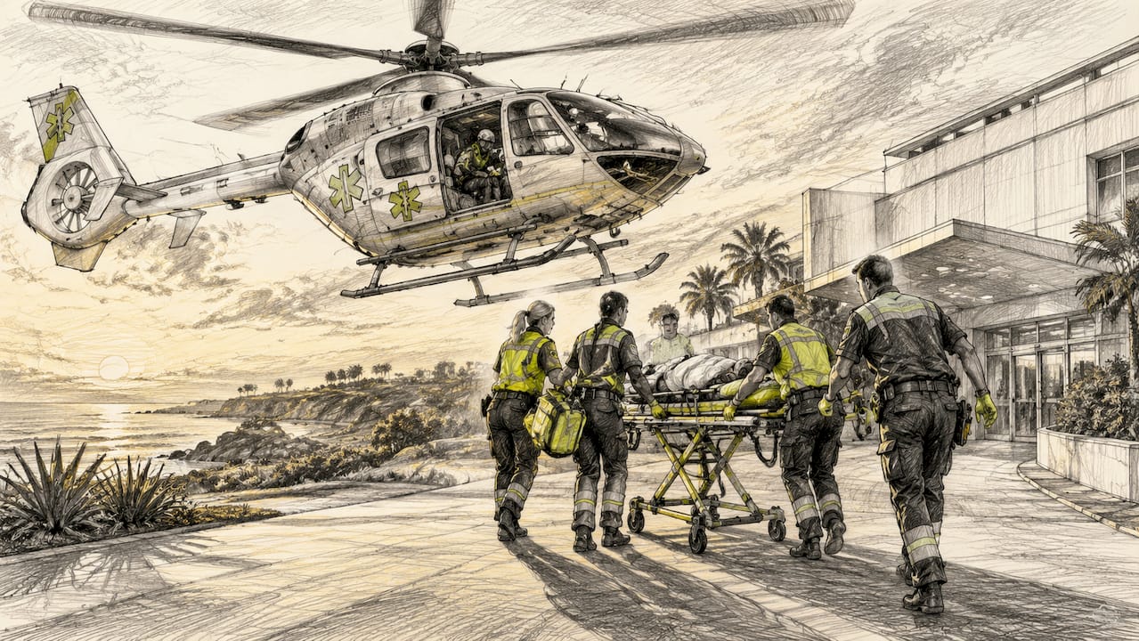 Medical team performing helicopter evacuation at hospital