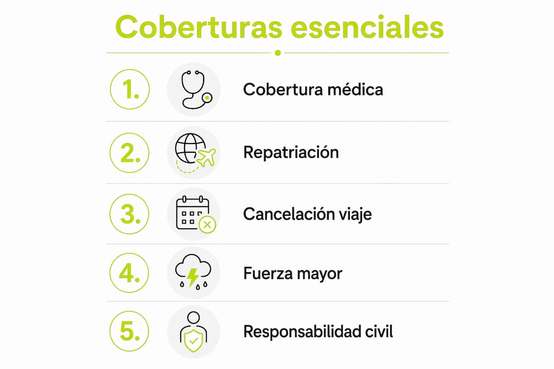 Infografía sobre las coberturas imprescindibles en un seguro de viaje para Europa