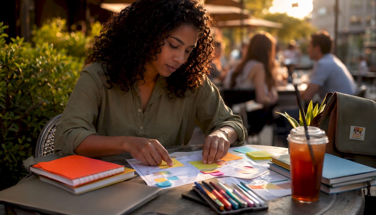 Woman organizing business impact analysis notes