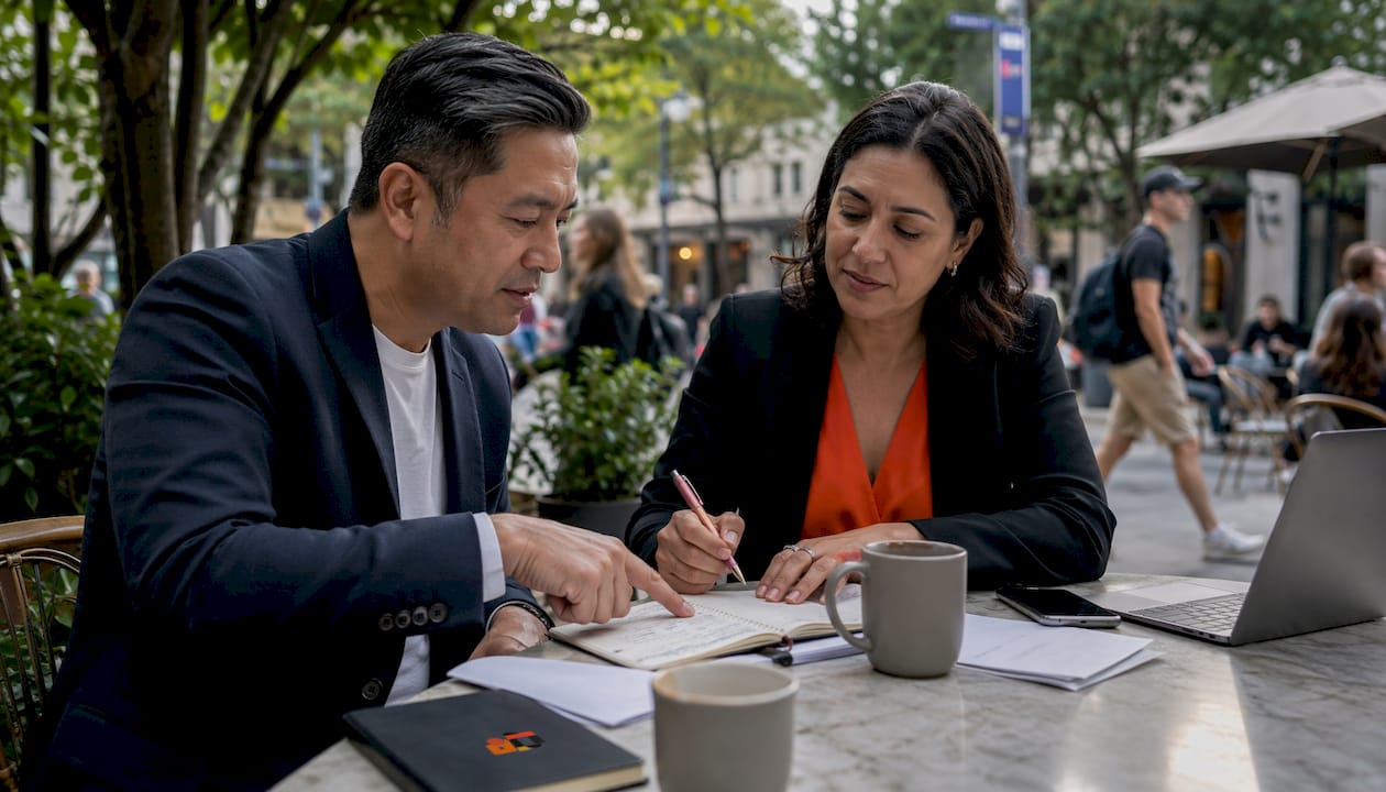 Business partners discussing cash flow insurance