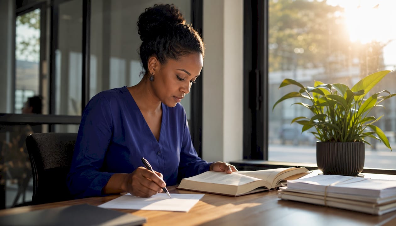 Woman at desk examining landlord-tenant lease documents