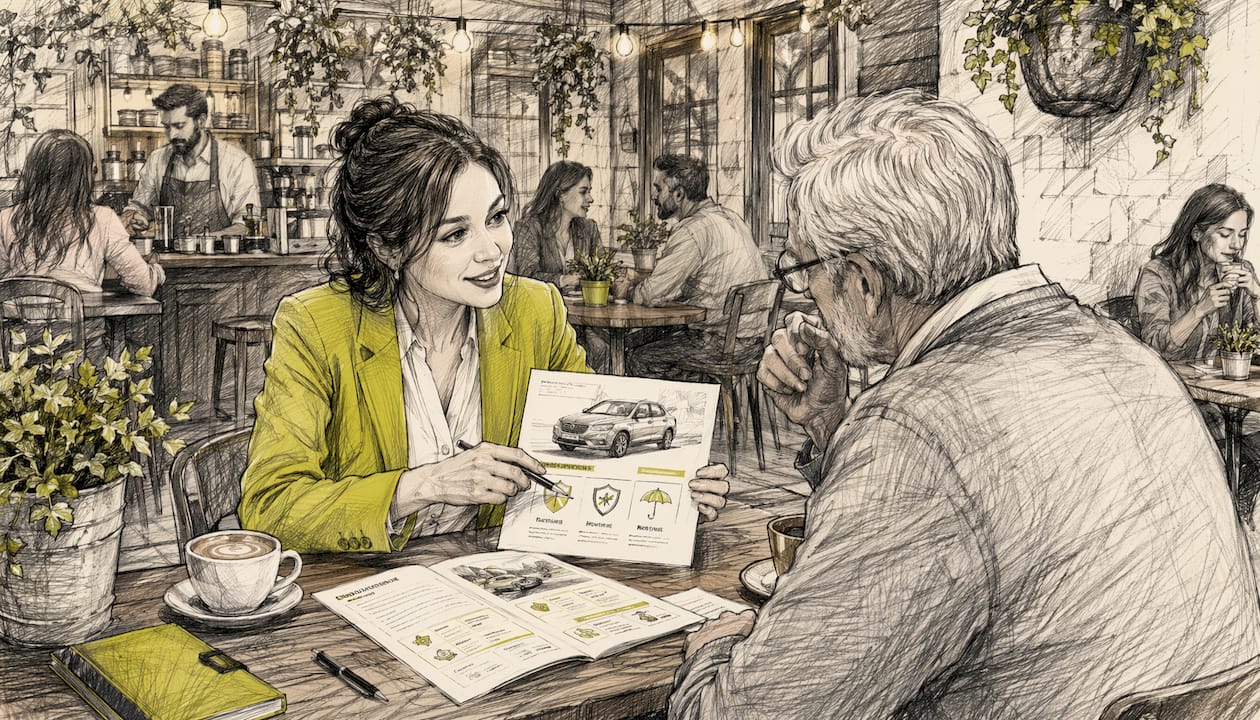 El asesor de seguros le detalla al cliente qué cubre su póliza.