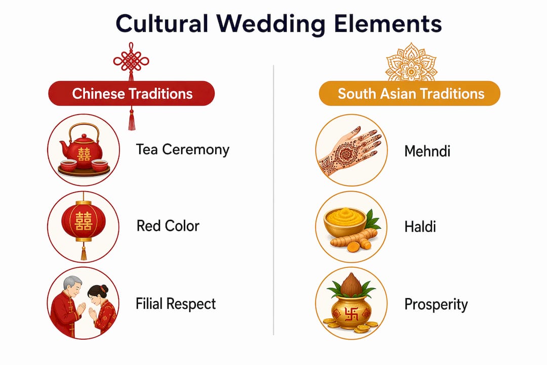 Infographic showing key cultural wedding elements by tradition