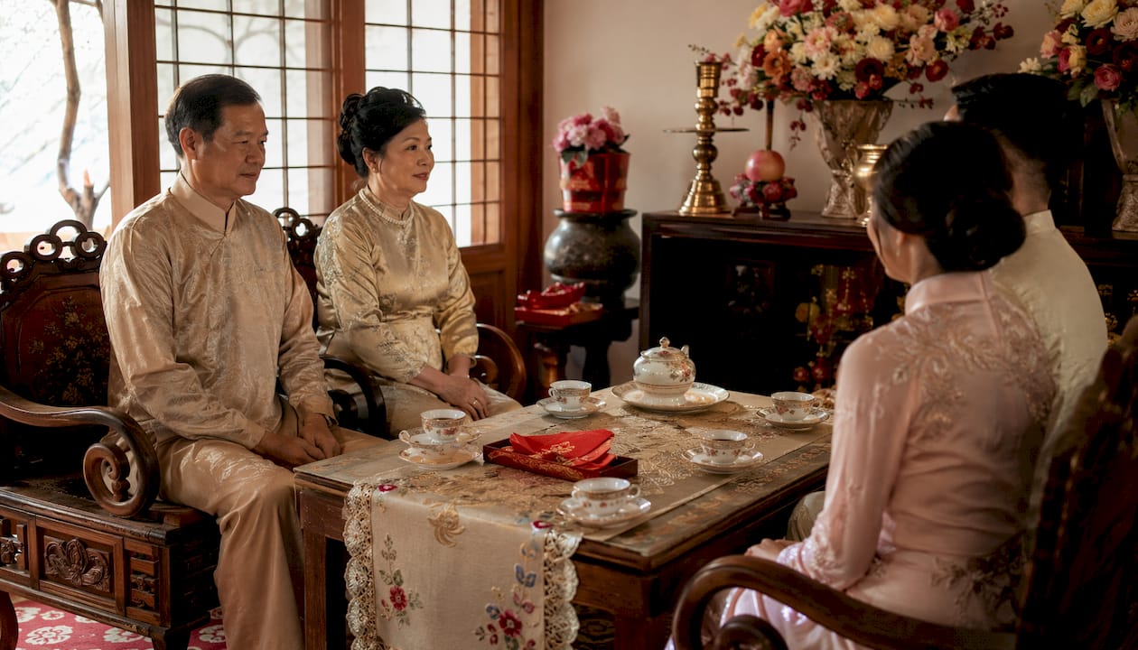 Traditional Chinese wedding tea ceremony setup with elders