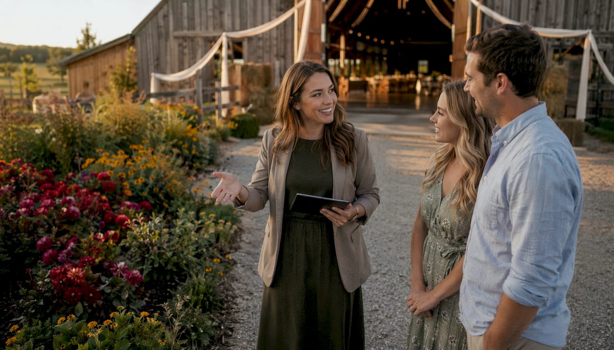 Couple touring outdoor wedding venue