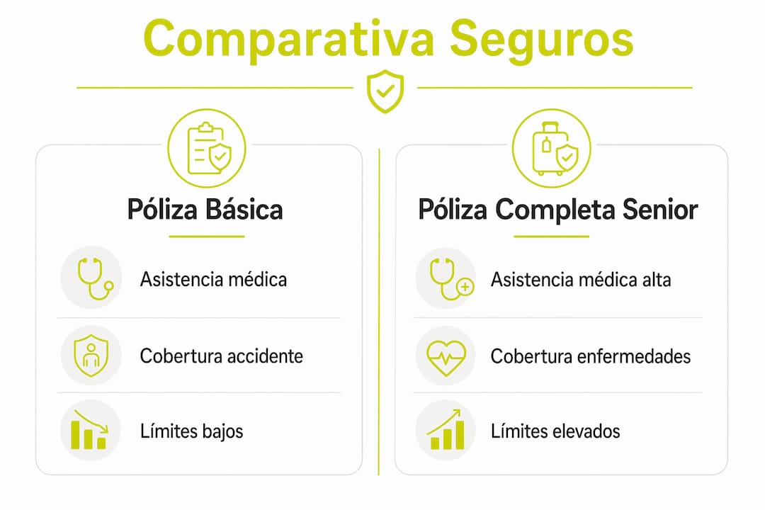 Infografía: diferencias clave entre seguros básicos y coberturas completas para personas mayores