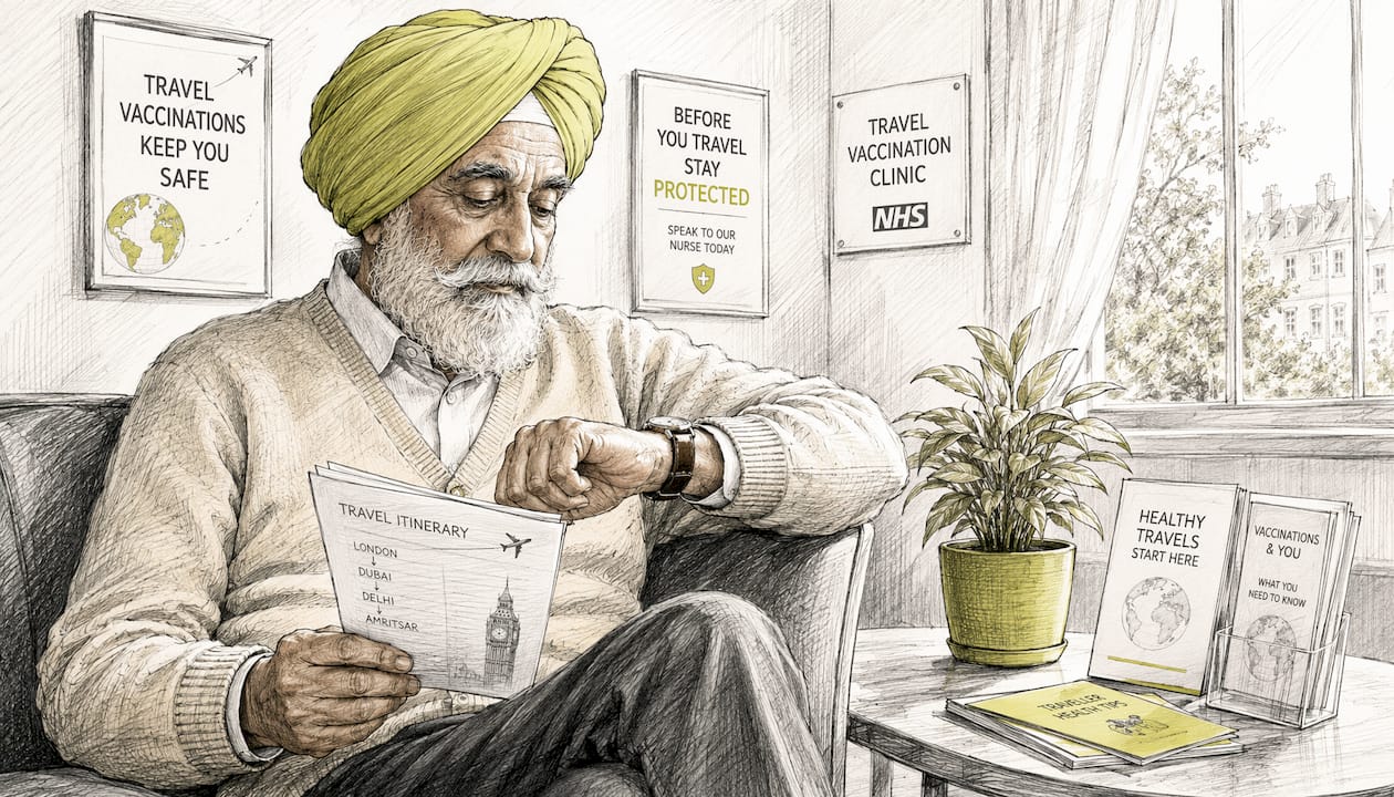 Elderly man waiting in UK clinic room