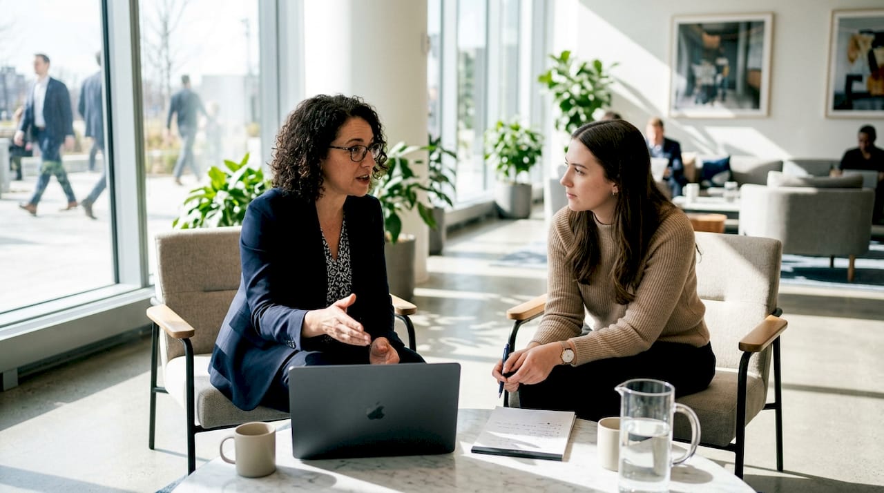 Two women discussing event concept differences