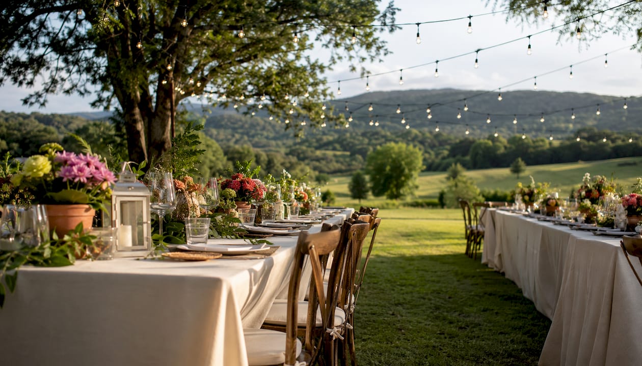 Outdoor wedding reception table setup