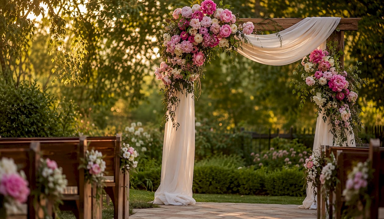Wedding arch with floral decor at ceremony